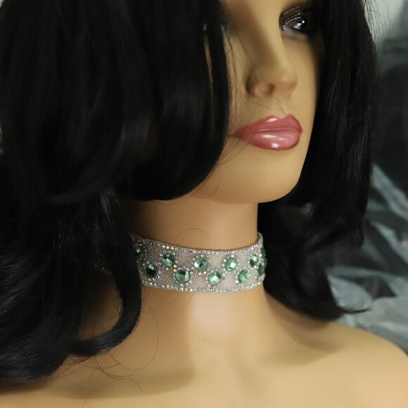 Sparkly Green Choker Necklace Adjustable Length Rhinestone Chokers  (#72) - Picture 10 of 12